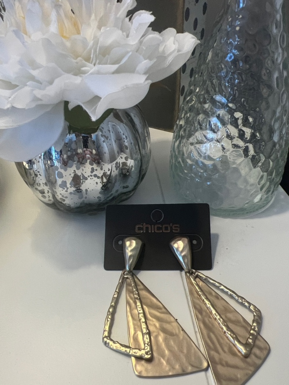 NWT CHICOS GOLD HAMMERED DROP PIERCED EARRINGS